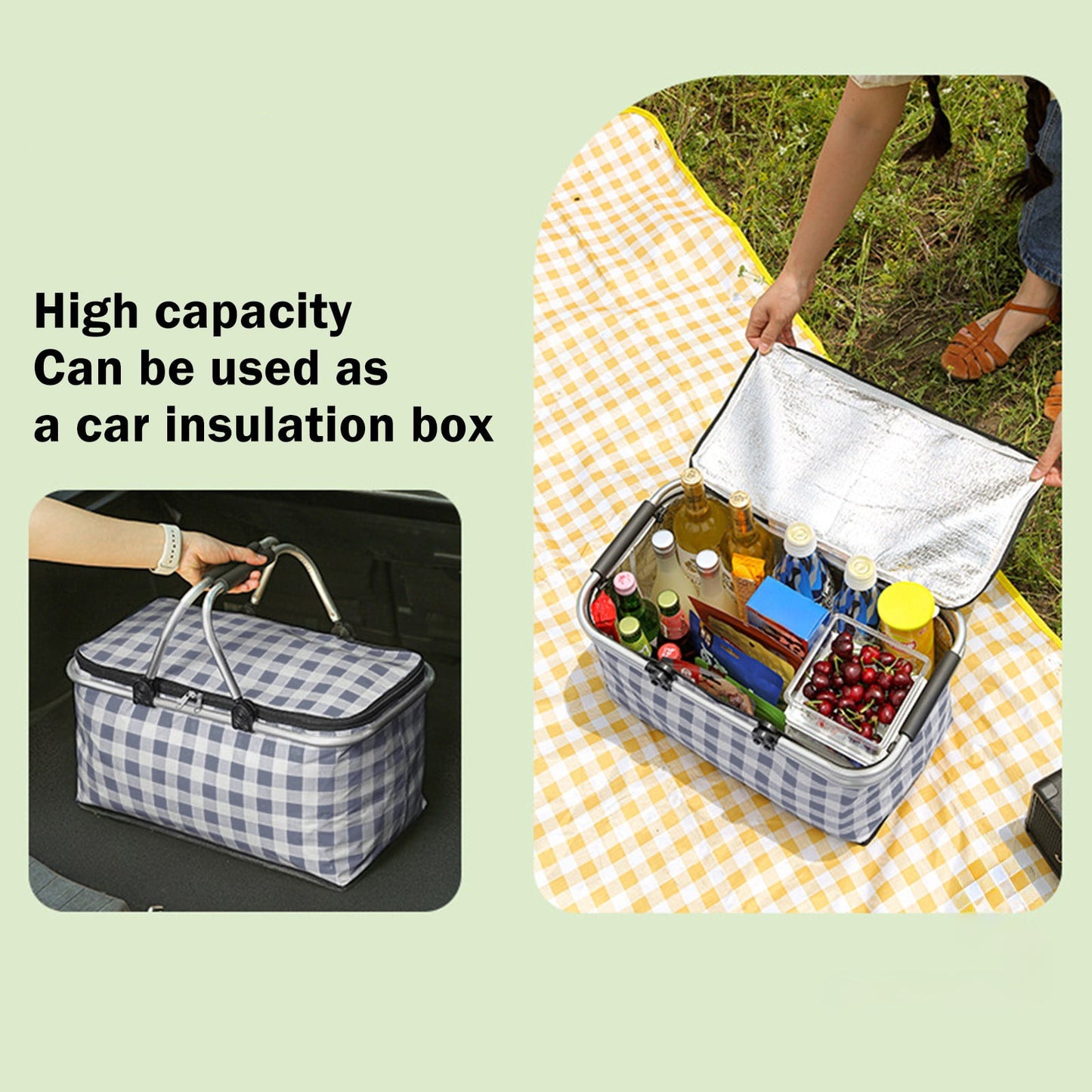 Kdkad Picnic Basket, Collapsible Shopping Basket with Lid Large Market Basket with Handles Reusable Folding Grocery Basket Insulated Cooler Bag for Picnic Travel 47x27x22cm/18.5x10.62x8.66in Black