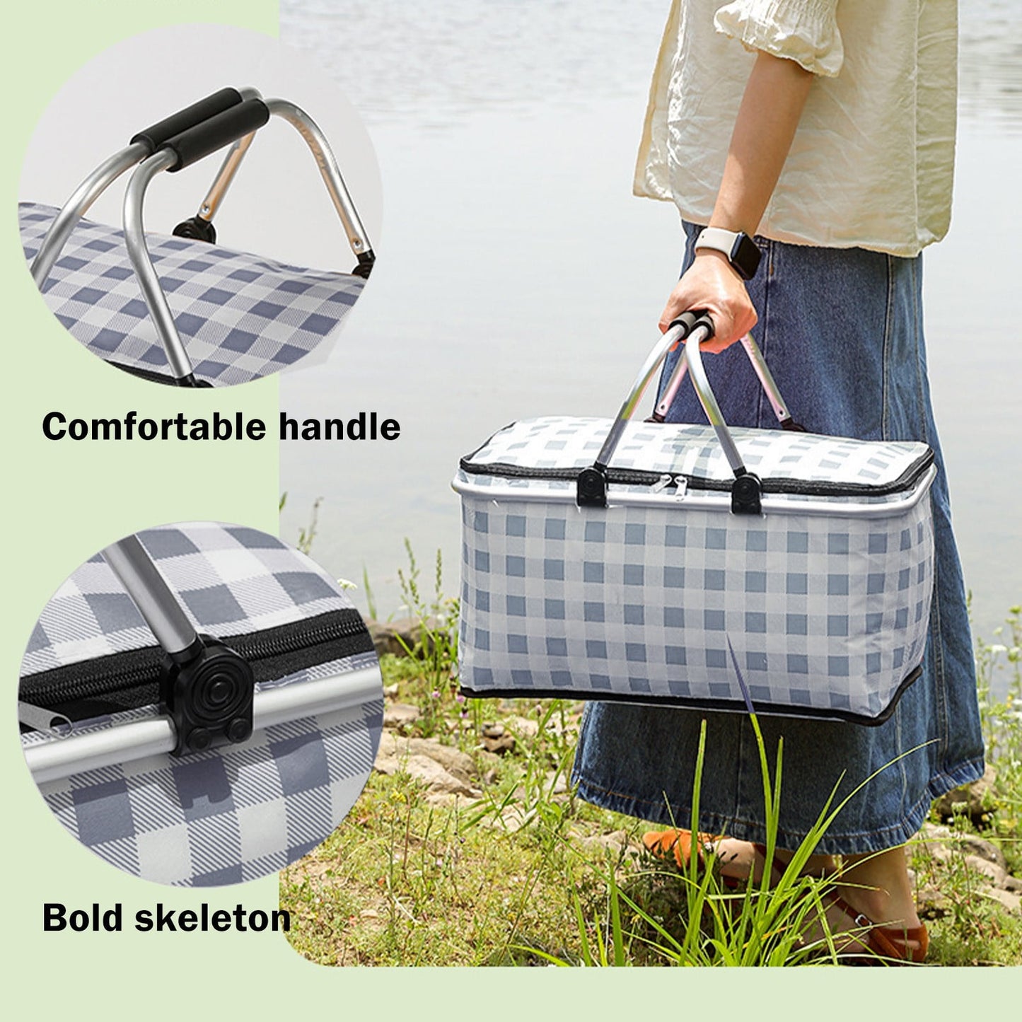 Kdkad Picnic Basket, Collapsible Shopping Basket with Lid Large Market Basket with Handles Reusable Folding Grocery Basket Insulated Cooler Bag for Picnic Travel 47x27x22cm/18.5x10.62x8.66in Black