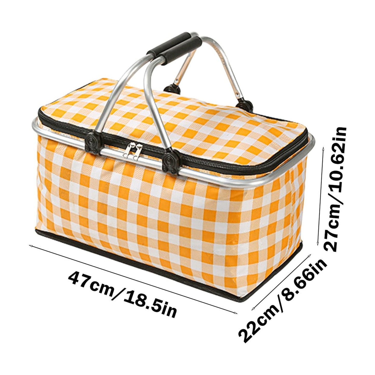 Kdkad Picnic Basket, Collapsible Shopping Basket with Lid Large Market Basket with Handles Reusable Folding Grocery Basket Insulated Cooler Bag for Picnic Travel 18.5×8.7×10.6 in Yellow