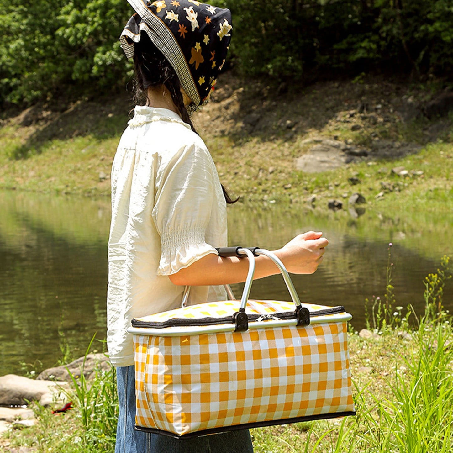 Kdkad Picnic Basket, Collapsible Shopping Basket with Lid Large Market Basket with Handles Reusable Folding Grocery Basket Insulated Cooler Bag for Picnic Travel 18.5×8.7×10.6 in Yellow