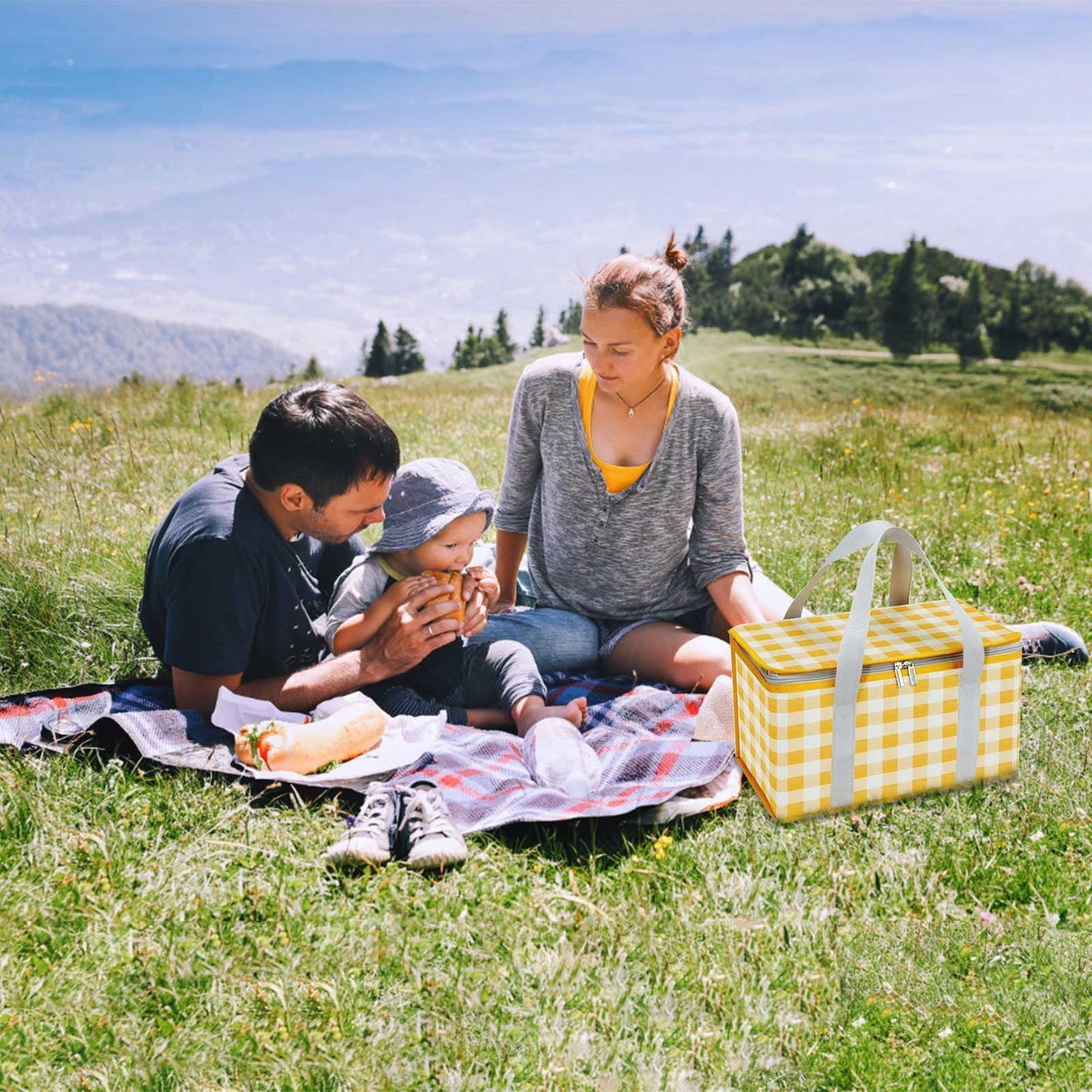 Darzheoy Large Picnic Basket Shopping Basket Camping Picnic Basket Travel Picnic Bag Portable Bento Bag Thermal Insulation Bag Yellow